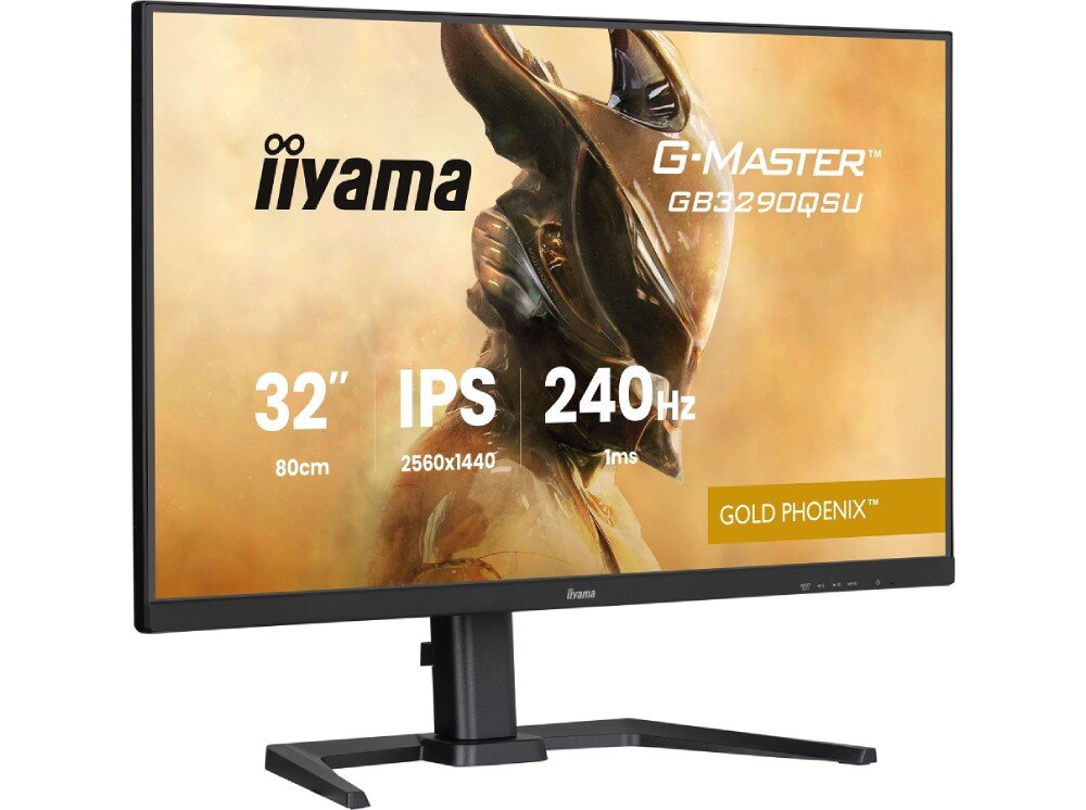 Monitor IIYAMA Gold Phoenix GB3290QSU-B1 Monitor stojący na podstawie pokazany pod lekkim kątem z przodu z grafiką i parametrami na ekranie