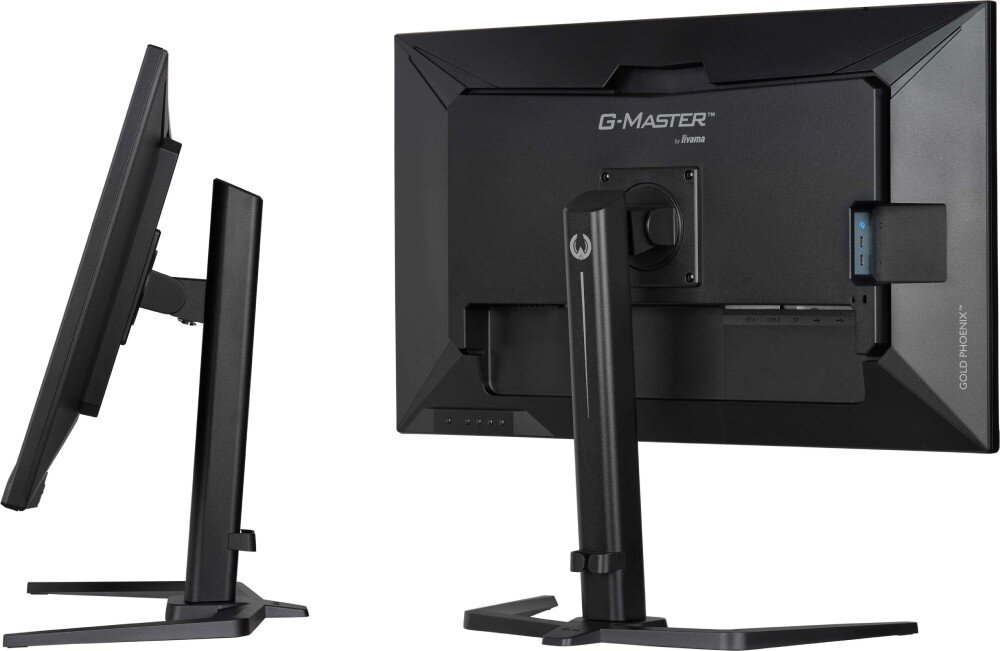 Monitor IIYAMA Gold Phoenix GB3290QSU-B1 Widok monitora z tyłu oraz z boku ukazujący profil obudowy, regulowaną nogę oraz uchwyt mocujący
