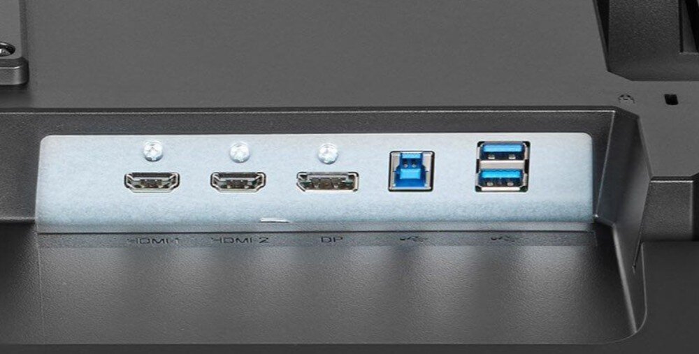 Monitor IIYAMA Gold Phoenix GB3290QSU-B1 Zbliżenie na panel ze złączami obejmujący dwa gniazda HDMI, jedno DisplayPort oraz porty USB