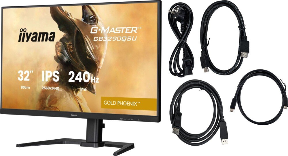 Monitor IIYAMA Gold Phoenix GB3290QSU-B1 Monitor zaprezentowany obok zestawu czterech dołączonych kabli połączeniowych i zasilających