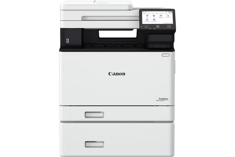 Urządzenie wielofunkcyjne CANON i-SENSYS MF754Cdw II Druk w kolorze, Automatyczny druk dwustronny, Wi-Fi prezentacja urządzenia od przodu na białym tle faks modem port linia telefoniczna funkcje zapis do 512 stron szybkie wybieranie