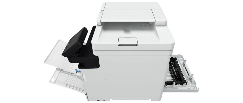 Urządzenie wielofunkcyjne CANON i-SENSYS MF754Cdw II Druk w kolorze, Automatyczny druk dwustronny, Wi-Fi prezentacja rozłożonego urządzenia od boku na białym tle prędkość druku, druk dwustronny, funkcje kopiowania