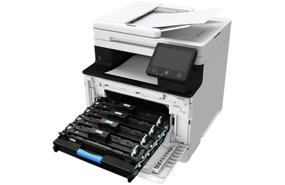 Urządzenie wielofunkcyjne CANON i-SENSYS MF754Cdw II Druk w kolorze, Automatyczny druk dwustronny, Wi-Fi prezentacja rozłożonego urządzenia pod kątem na białym tle jakość druku, rozdzielczość, skaner