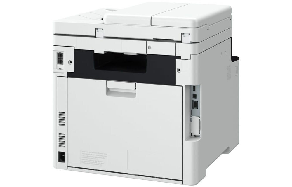 Urządzenie wielofunkcyjne CANON i-SENSYS MF754Cdw II Druk w kolorze, Automatyczny druk dwustronny, Wi-Fi prezentacja urządzenia od tyłu pod kątem na białym tle podajnik, taca odbiorcza, porty, Wi-Fi