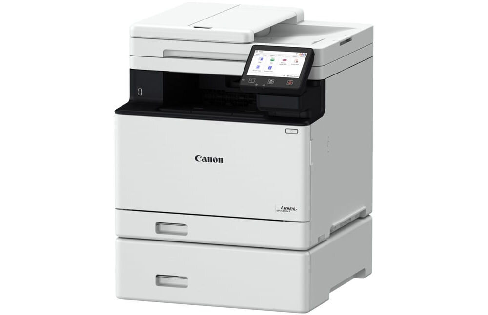 Urządzenie wielofunkcyjne CANON i-SENSYS MF754Cdw II Druk w kolorze, Automatyczny druk dwustronny, Wi-Fi prezentacja urządzenia pod kątem na białym tle z dodatkową kasetą rozbudowa dodatkowe 550 arkuszy ułatwienie pracy
