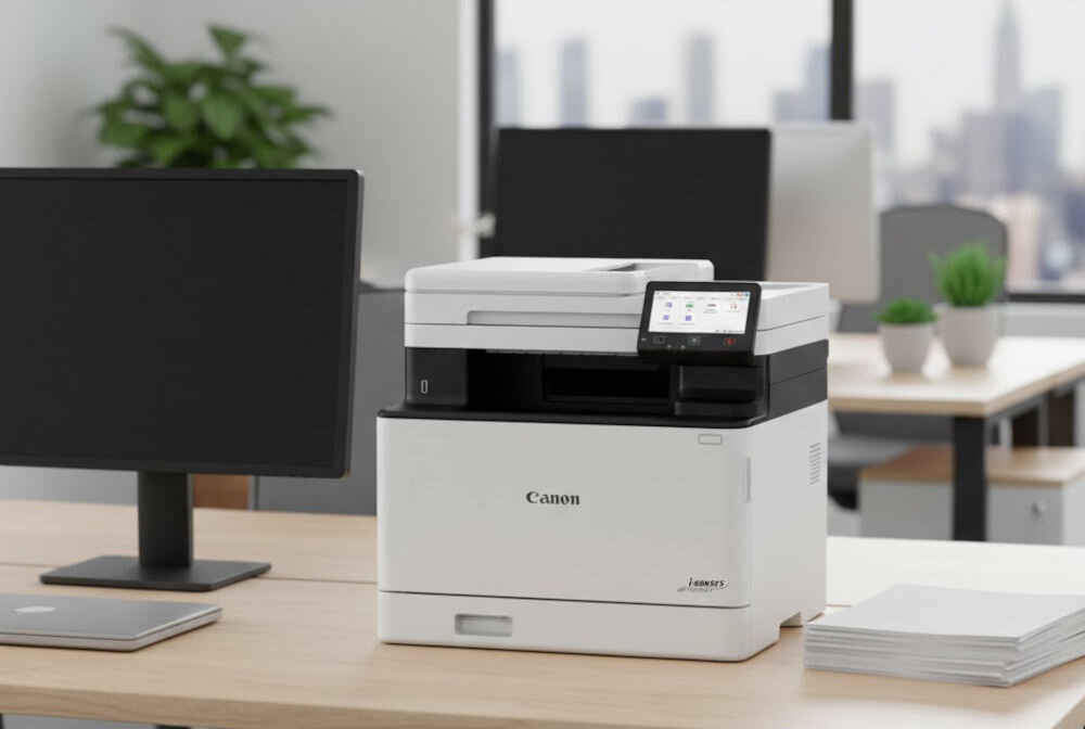 Urządzenie wielofunkcyjne CANON i-SENSYS MF752Cdw II Druk w kolorze, Automatyczny druk dwustronny, Wi-Fi prezentacja urządzenia na biurku obok monitorów