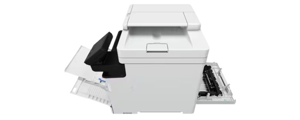 Urządzenie wielofunkcyjne CANON i-SENSYS MF752Cdw II Druk w kolorze, Automatyczny druk dwustronny, Wi-Fi prezentacja rozłożonego urządzenia od boku na białym tle prędkość druku, druk dwustronny, funkcje kopiowania