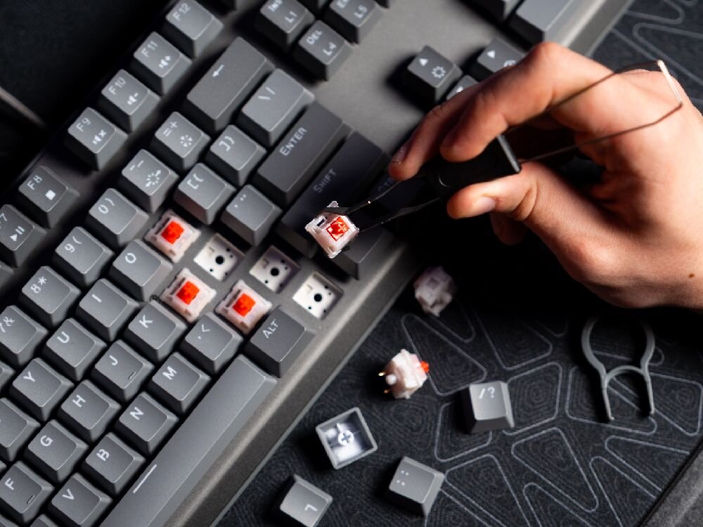 ENDORFY Thock V2 linearne mechaniczne przełączniki ENDORFY Red ENDORFY Yellow fabrycznie nasmarowane półprzezroczysta obudowa wbudowanego ARGB  -  Wymiana przełączników w klawiaturze za pomocą dedykowanego narzędzia