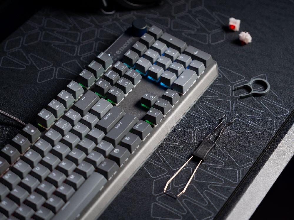 ENDORFY Thock V2 TKL komplet akcesoriów kabel USB-A do USB-C narzędzia do zdejmowania keycapów i wymiany switchy dwa zapasowe przełączniki ENDORFY Red - klawiatura z leżącymi obok narzędziami do wyjmowania przełączników i nakładek oraz zapasowymi switchami 