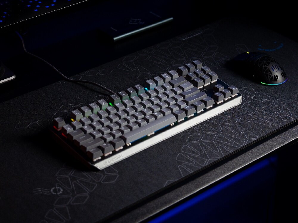 ENDORFY Thock V2 TKL Druga generacja przyjemne i płynne wrażenie z pisania rozwiązania klasy premium <b>rozmiar full</b> size switche ENDORFY Red hot-swap ulepszona akustyka - na biurku w otoczeniu innych akcesoriów.