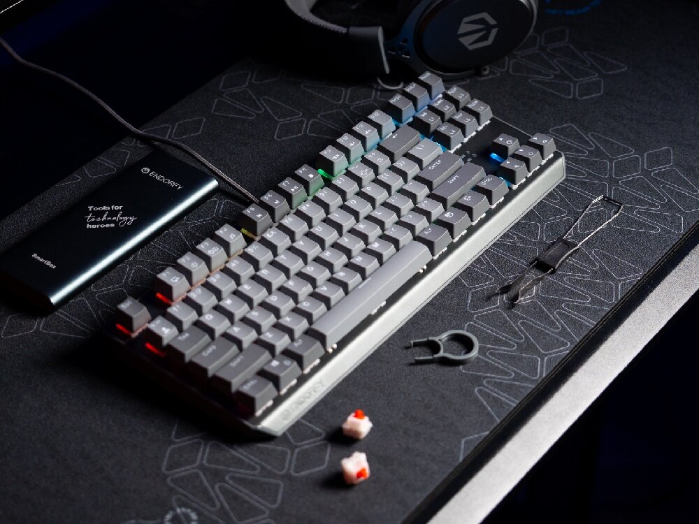 ENDORFY Thock V2 TKL TKL komplet akcesoriów kabel USB-A do USB-C narzędzia do zdejmowania keycapów i wymiany switchy dwa zapasowe przełączniki ENDORFY Red - klawiatura z leżącymi obok narzędziami do wyjmowania przełączników i nakładek oraz zapasowymi switchami 