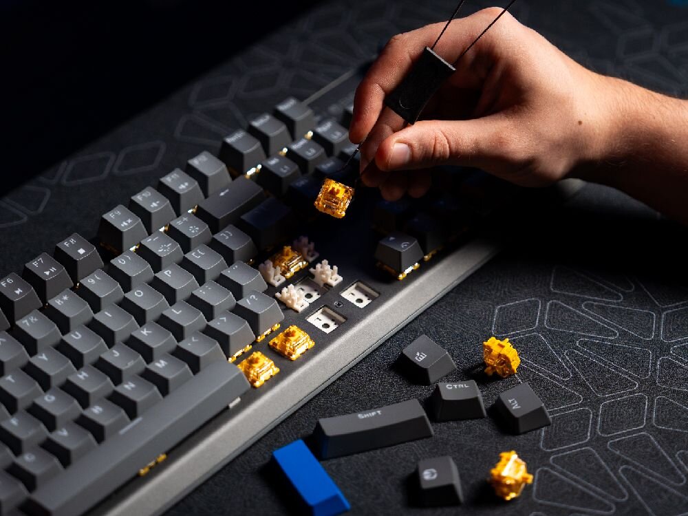 ENDORFY Thock V2 linearne mechaniczne przełączniki stworzone wspólnie z Gateron ENDORFY Yellow konstrukcji Dual-rail fabrycznie nasmarowane półprzezroczysta obudowa wbudowanego ARGB nylonową podstawą i dwustopniową sprężyną -  Wymiana przełączników w klawiaturze za pomocą dedykowanego narzędzia