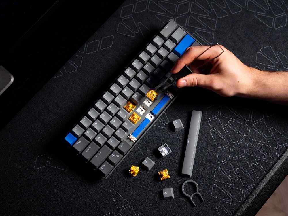 ENDORFY Thock V2 Compact linearne mechaniczne przełączniki stworzone wspólnie z Gateron ENDORFY Yellow konstrukcji Dual-rail fabrycznie nasmarowane półprzezroczysta obudowa wbudowanego ARGB nylonową podstawą i dwustopniową sprężyną -  Wymiana przełączników w klawiaturze za pomocą dedykowanego narzędzia