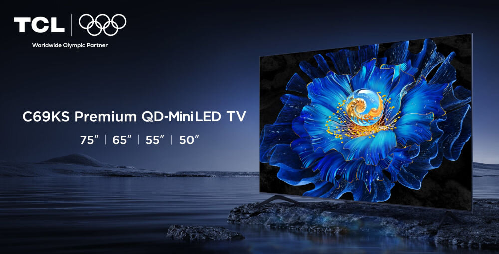 Telewizor TCL 65C69KS jakość premium ekran 75 cali, telewizor sotjący na kamieniach po skosie nad wodą