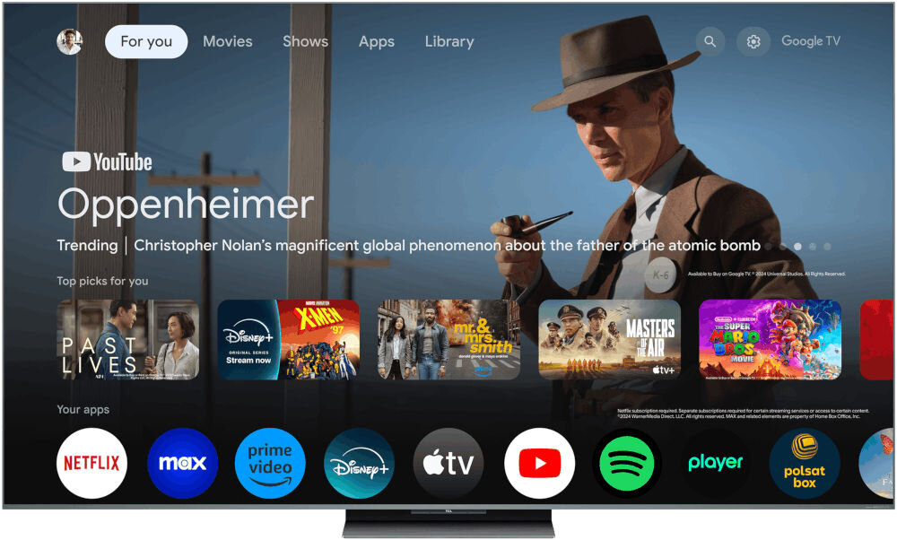 Telewizor TCL 65C69KS Google TV aplikacje streaming biblioteka treści, telewizor od frontu na białym tle