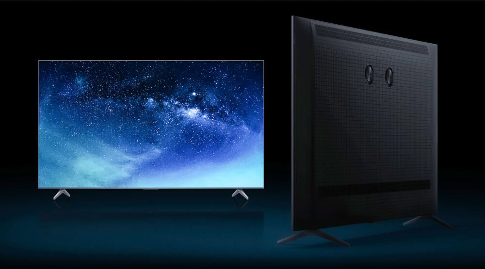 Telewizor TCL 65C69KS smukła obudowa metalowy design regulowana podstawa, dwie pozycje telewizora na ciemnym tle