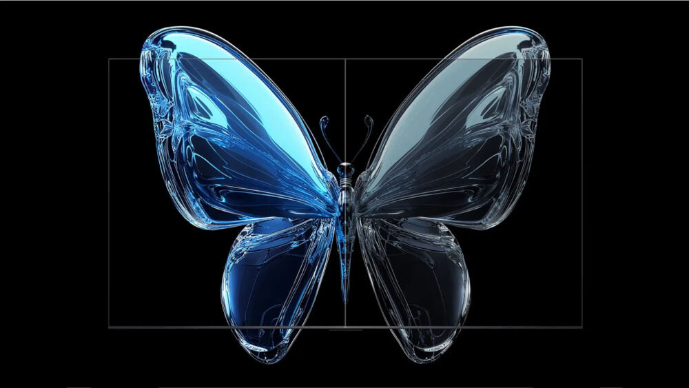 Telewizor TCL 55C69KS panel HVA wysoki kontrast szerokie kąty, szklany motyl na czarnym tle