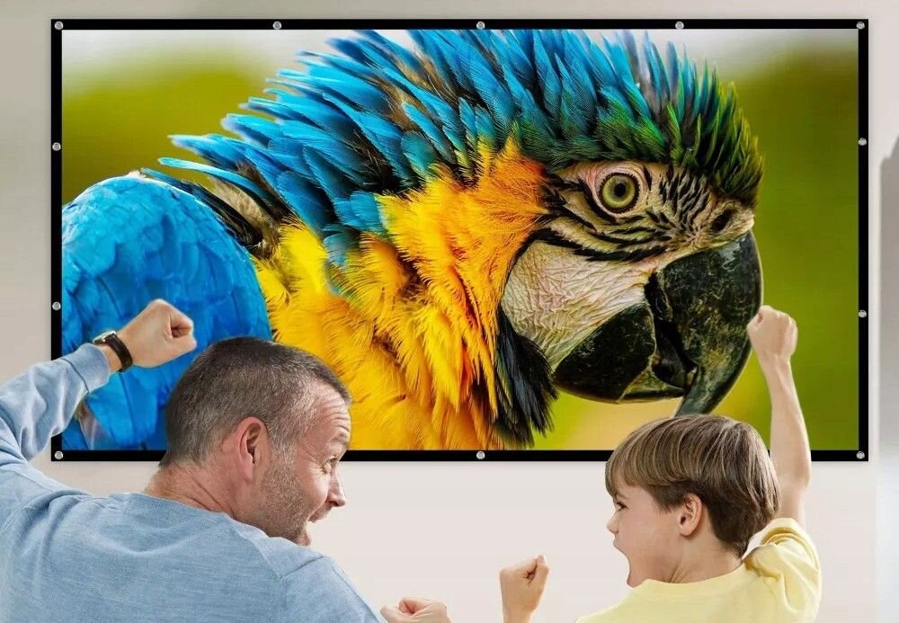 Ekran projekcyjny ZENWIRE 9754652 266x149 120 cali powierzchnia 266x149 cm format 16:9, osoby siedzące przed ekranem projekcyjnym