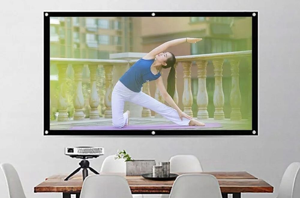 Ekran projekcyjny ZENWIRE 9754652 266x149 projektory LCD LED DLP europejska marka Zenwire, ekran zawieszony na ścianie w pomieszczeniu