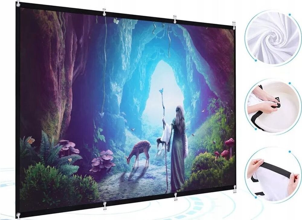 Ekran projekcyjny ZENWIRE 3214568 218x122 składana przenośna konstrukcja łatwe przechowywanie, ekran projekcyjny po skosie na białym tle