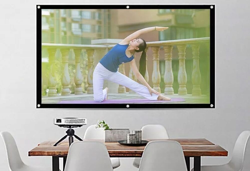 Ekran projekcyjny ZENWIRE 3214568 218x122 kompatybilność LCD LED DLP zestaw elementy montażowe, ekran projekcyjny wiszący na ścianie w pomieszczeniu