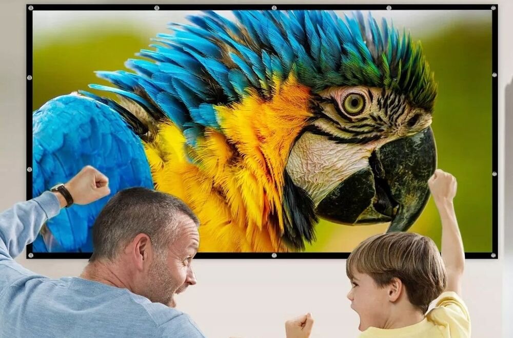 Ekran projekcyjny ZENWIRE 8678456 332x187 150 cali powierzchnia 332x187 cm format 16:9, osoby siedzące przed ekranem projekcyjnym