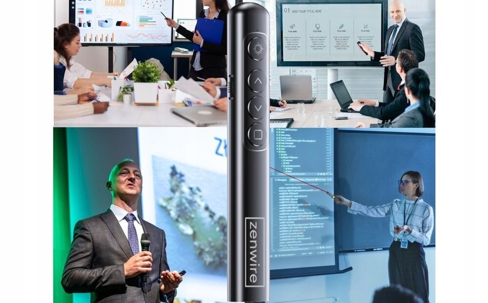 Wskaźnik laserowy ZENWIRE S9 ergonomiczna konstrukcja kompaktowy prezenter do konferencji, wskaźnik na tle czterech scen jego użytkowania