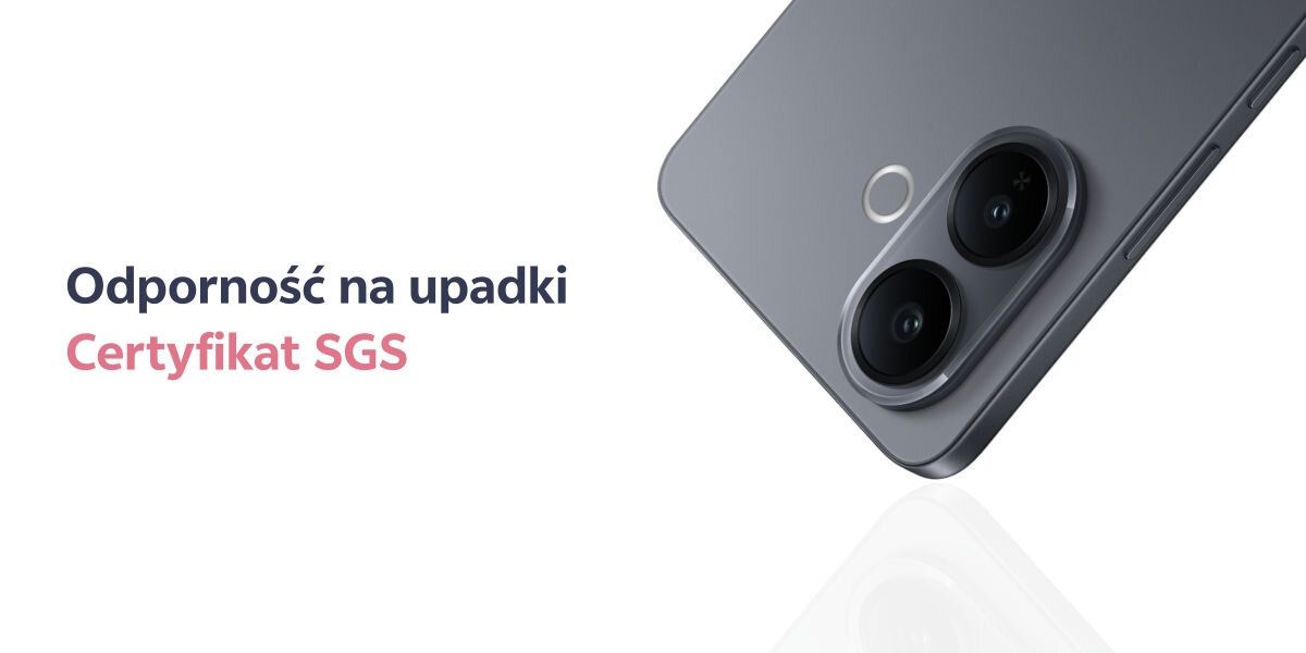 Smartfon VIVO V60 Lite 5G 8/256GB 6.77 120Hz  odporny na upadki Zbliżenie na dolny róg tyłu smartfona w kolorze szarym. Widoczne są dwa obiektywy aparatu, lekko uniesione ponad powierzchnią, z odbiciem. Tekst obok: Odporność na upadki Certyfikat SGS