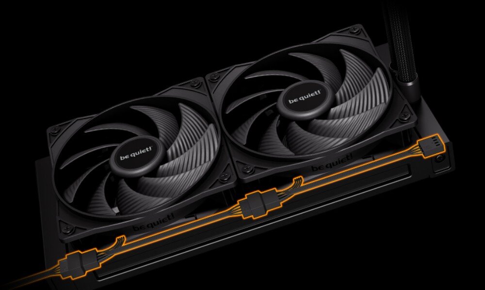 Chłodzenie wodne BE QUIET! Pure Loop 3 240mm Dwa wentylatory zamontowane na radiatorze z zaznaczonymi liniami połączeń kablowych wzdłuż jego krawędzi, podłączenie, funkcja daisy chain, kompatybilność