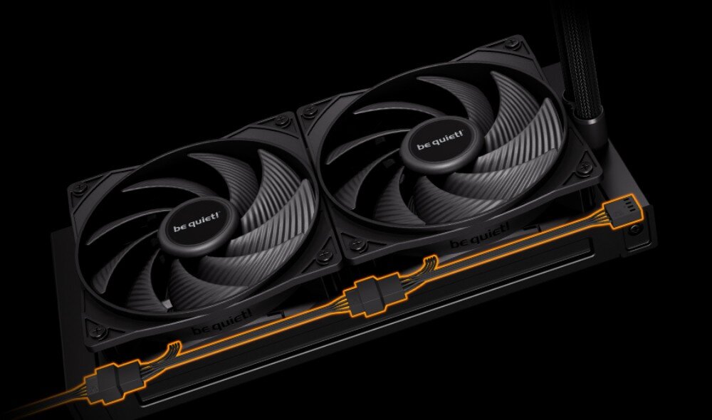 Chłodzenie wodne BE QUIET! Pure Loop 3 280mm Trzy wentylatory zamontowane na radiatorze z zaznaczonymi liniami połączeń kablowych wzdłuż jego krawędzi, podłączenie, funkcja daisy chain, kompatybilność