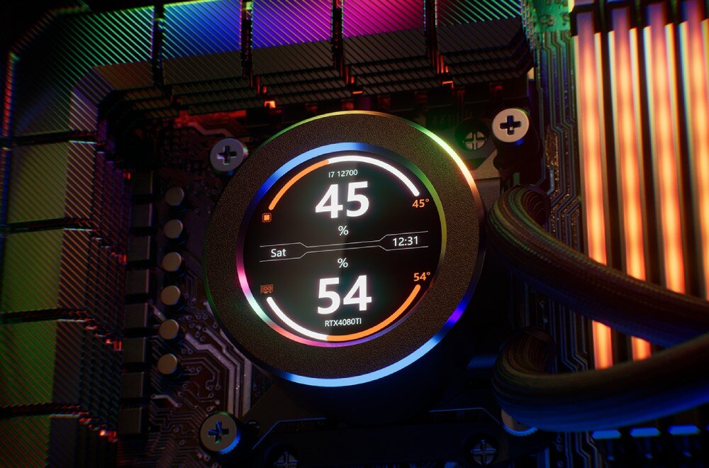 Chłodzenie wodne KRUX HydroGlance 240 ARGB LCD Zbliżenie na okrągły ekran LCD chłodzenia wodnego pokazujący temperatury procesora i karty graficznej oraz dodatkowe informacje systemowe, zestaw, ekran, wyświetlanie