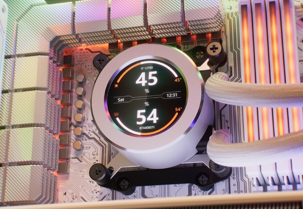 Chłodzenie wodne KRUX HydroGlance 360 ARGB LCD Zbliżenie na okrągły ekran LCD chłodzenia wodnego pokazujący temperatury procesora i karty graficznej oraz dodatkowe informacje systemowe, zestaw, ekran, wyświetlanie