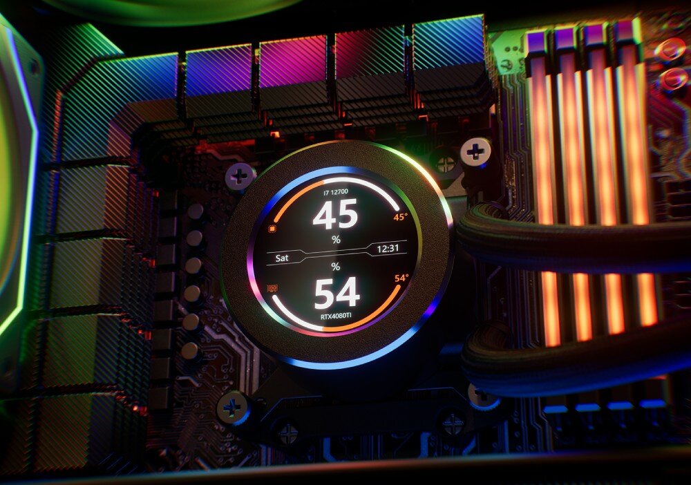 Chłodzenie wodne KRUX HydroGlance 360 ARGB LCD Zbliżenie na okrągły ekran LCD chłodzenia wodnego pokazujący temperatury procesora i karty graficznej oraz dodatkowe informacje systemowe, zestaw, ekran, wyświetlanie