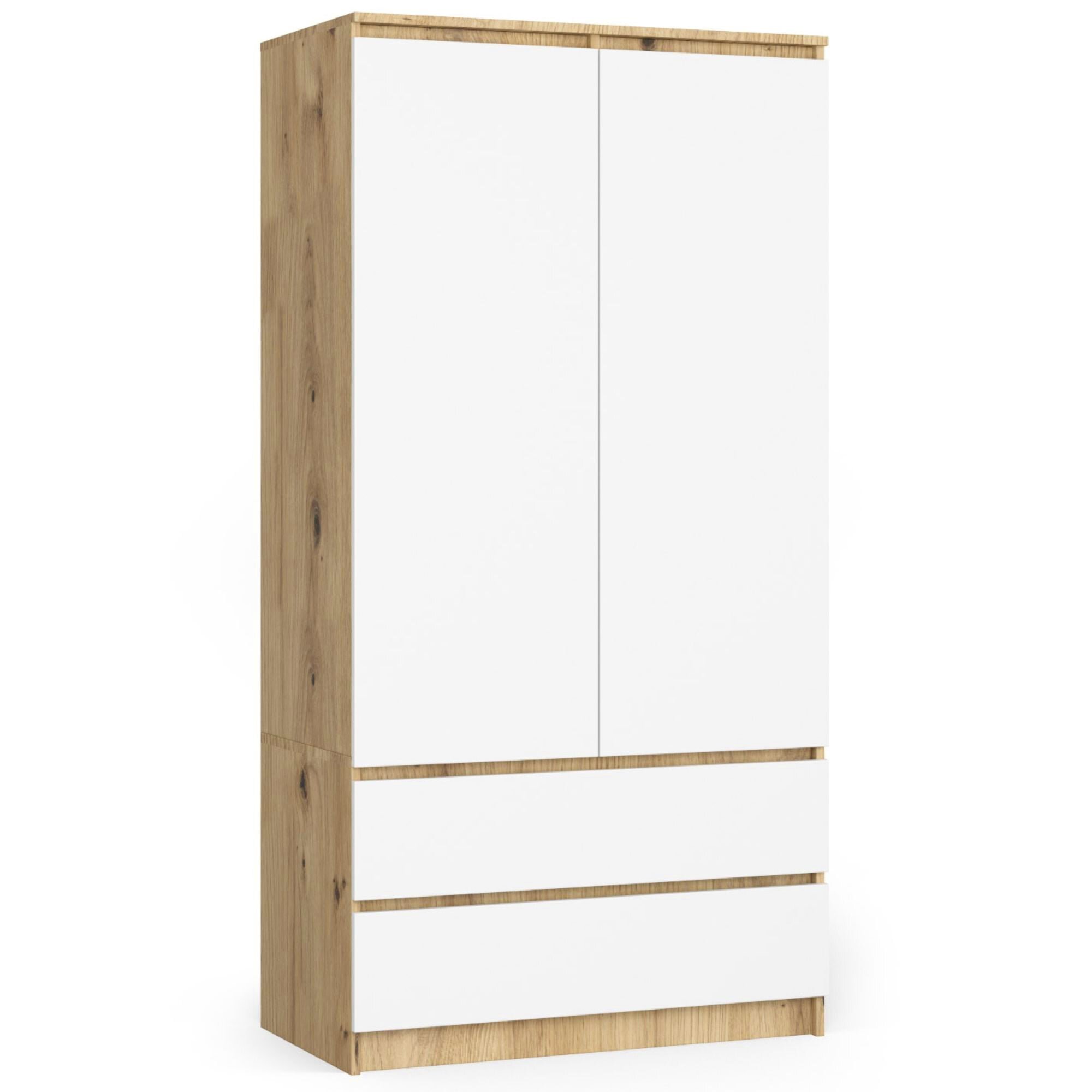Szafa z dwoma białymi drzwiami i dwoma szufladami, wykonana z materiału w kolorze dąb artisan. Mebel ma prostą formę i nowoczesny design.