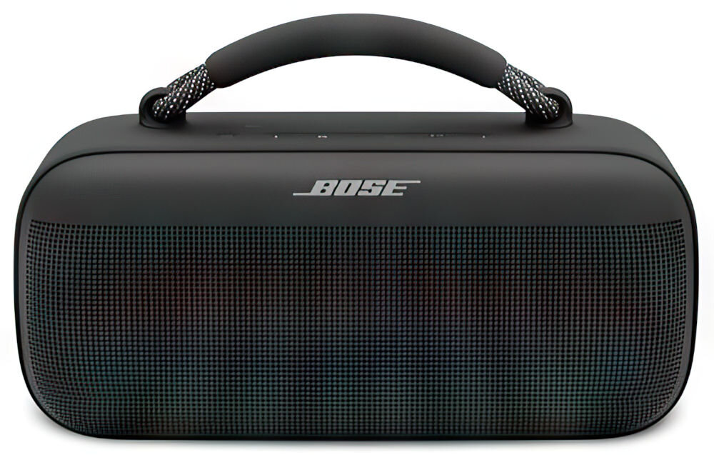 BOSE SoundLink Max aplikacja Bose regulacja EQ basy tony, głośnik od frontu na białym tle