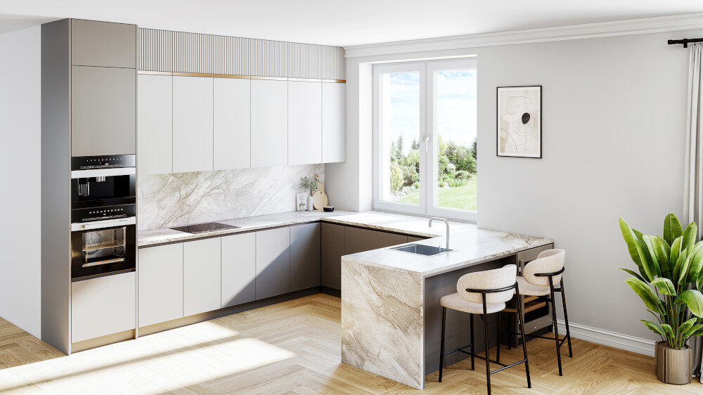 ZLEWOZMYWAK JEDNOKOMOROWY LANILIA EVIER Szerokie ujęcie jasnej kuchni z wyspą, zlewem i drewnianymi akcentami przy oknie minimalistyczny design szczotkowane wykończenie elegancki wygląd uniwersalny styl dopasowanie kuchni