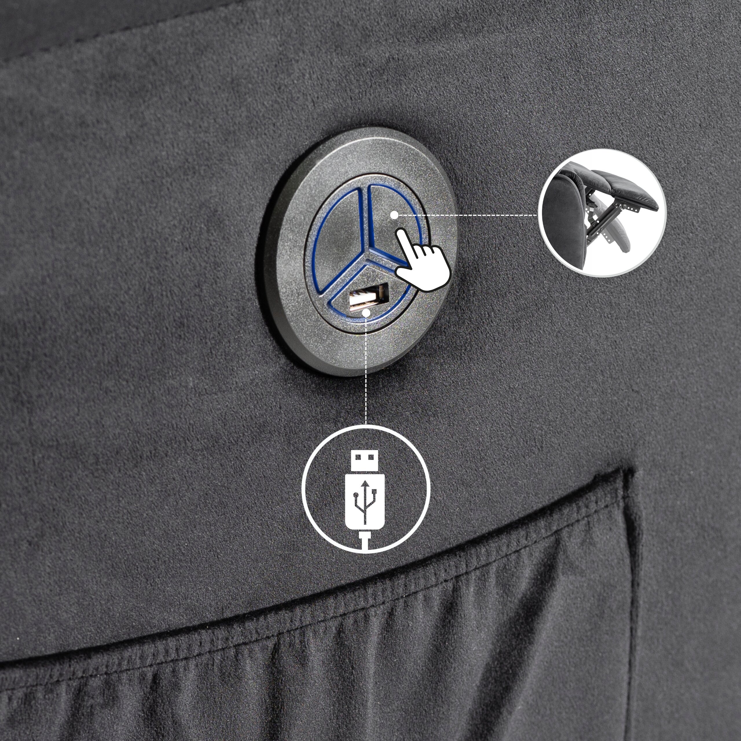 Czarny materiałowy panel z okrągłym przyciskiem i portem USB. Obok znajduje się grafika przedstawiająca rękę wskazującą na przycisk oraz symbol USB.
