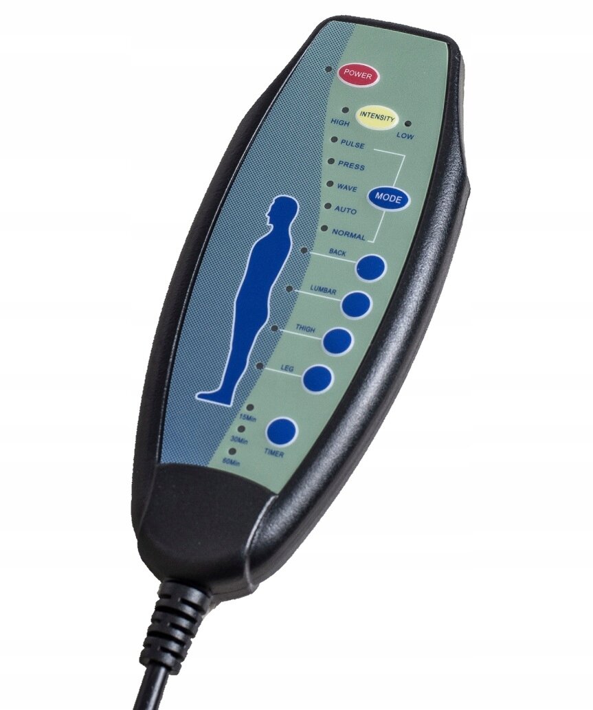 Pilot z przyciskami i grafiką sylwetki człowieka, zawiera napisy: POWER, INTENSITY, MODE, HIGH, LOW, PULSE, PRESS, WAVE, AUTO, NORMAL, BACK, LUMBAR, THIGH, LEG, 15Min, 30Min, 60Min, TIMER.
