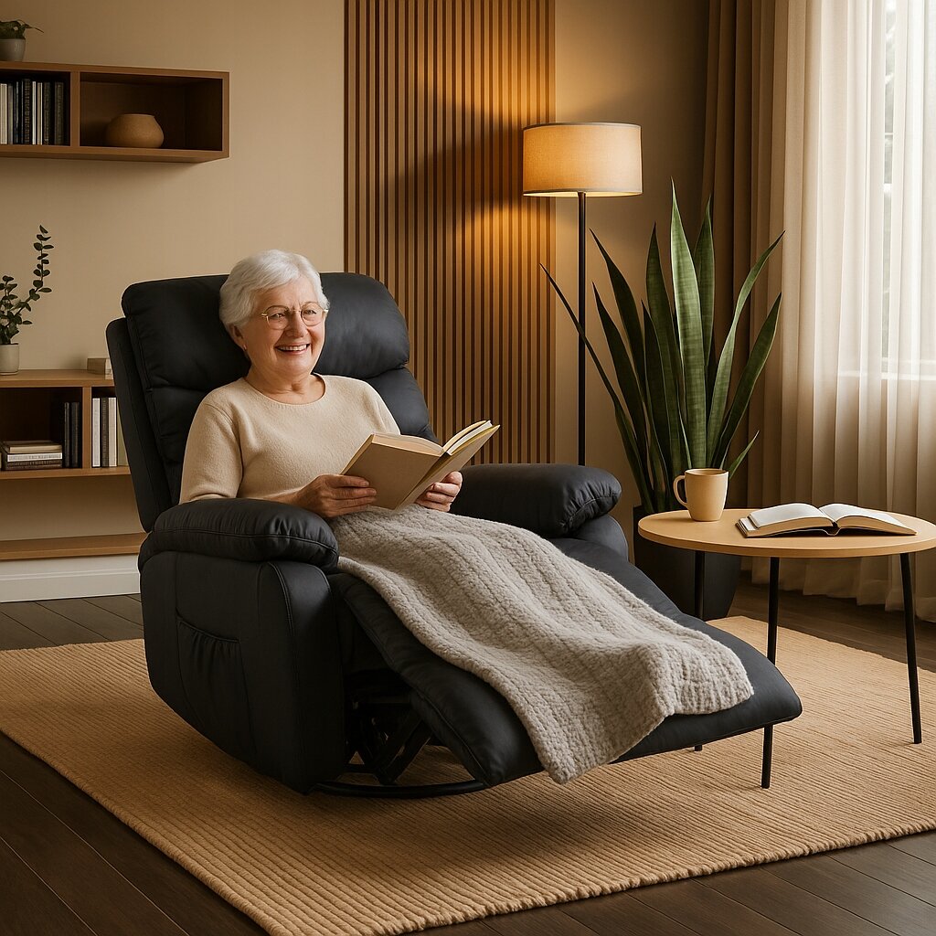 Osoba siedzi w czarnym, rozkładanym fotelu masującym, trzymając książkę. W tle widać lampę stojącą, roślinę doniczkową i stolik z kubkiem oraz otwartą książką.
