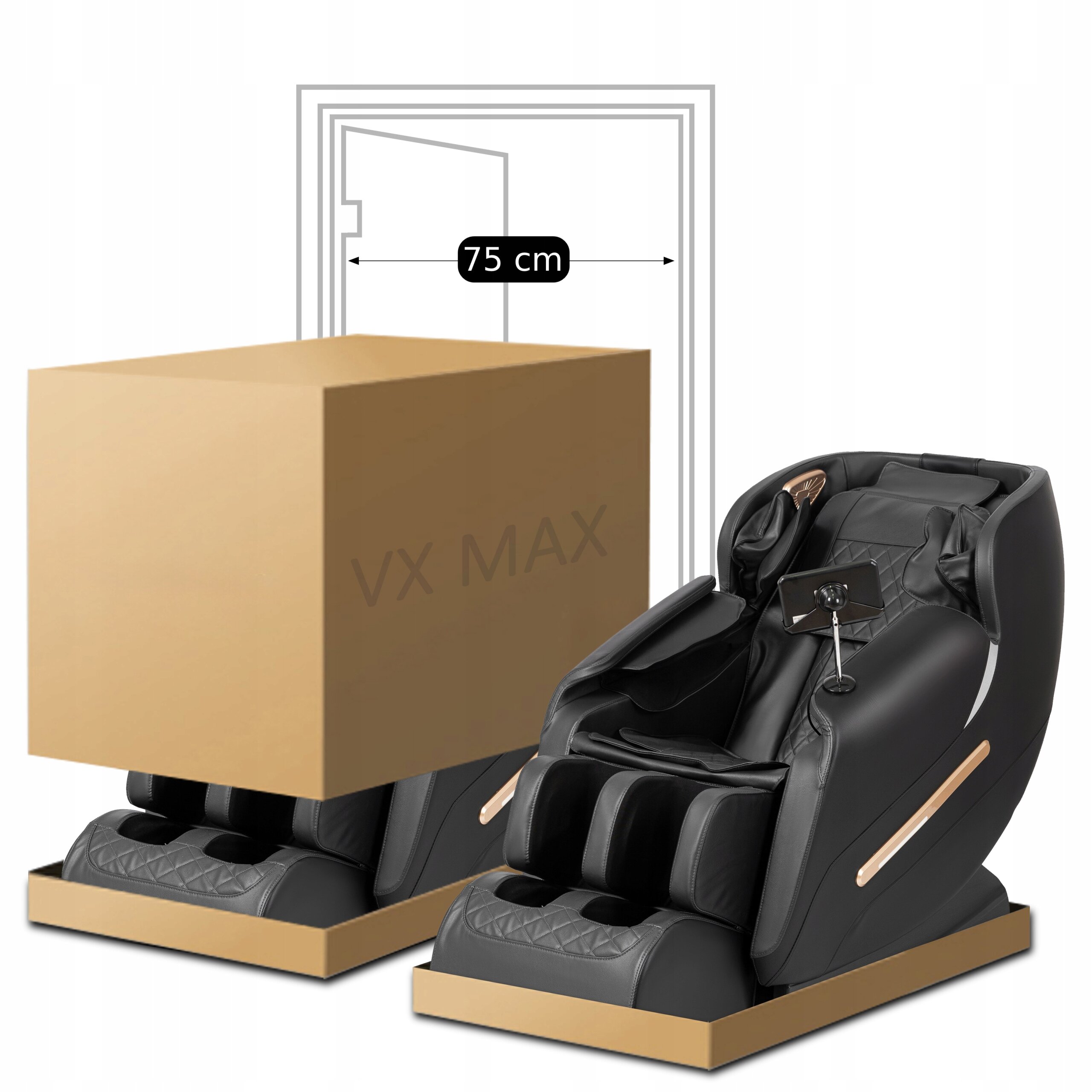 Obraz przedstawia czarny fotel masujący z nowoczesnym designem, obok którego znajduje się duże pudełko z napisem \'VX MAX\'. W tle widoczny jest schemat drzwi z oznaczeniem szerokości 75 cm.