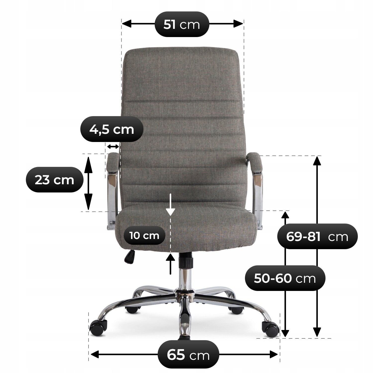 Obraz przedstawia szary fotel biurowy obrotowy z ergonomicznym oparciem i podłokietnikami. Na fotelu widoczne są wymiary: szerokość 51 cm, wysokość oparcia 69-81 cm, wysokość siedziska 50-60 cm, głębokość siedziska 10 cm, szerokość podstawy 65 cm, wysokość podłokietników 23 cm, szerokość podłokietników 4,5 cm.