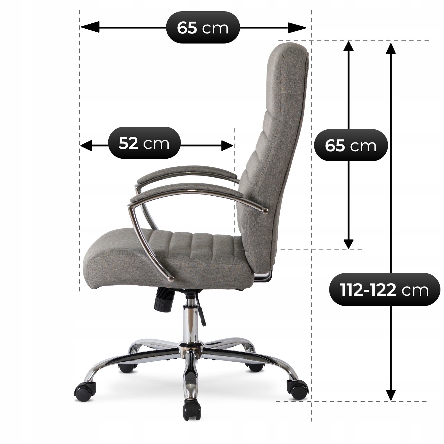 Obraz przedstawia szary fotel biurowy obrotowy z ergonomicznym oparciem i podłokietnikami. Widoczne są wymiary: szerokość 65 cm, głębokość siedziska 52 cm, wysokość oparcia 65 cm, oraz regulowana wysokość całkowita 112-122 cm.
