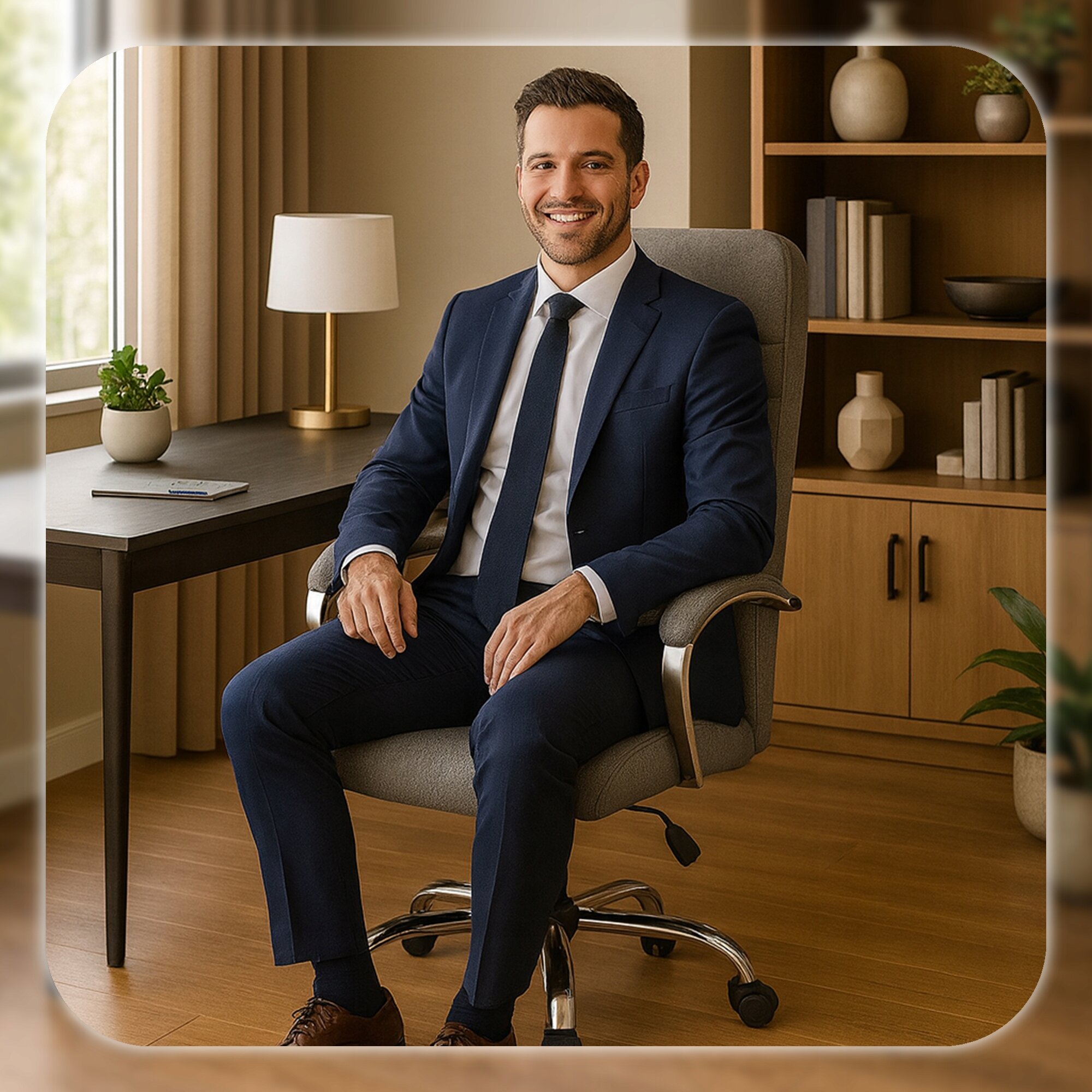 Mężczyzna w garniturze siedzi na szarym, ergonomicznym fotelu biurowym w eleganckim wnętrzu z biurkiem, lampką i półkami z książkami.