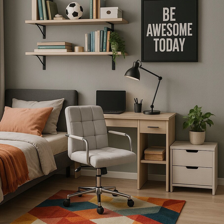 Pokój z szarym krzesłem obrotowym przy drewnianym biurku, na którym stoi lampa i laptop. Na ścianie wisi plakat z napisem \'BE AWESOME TODAY\'.