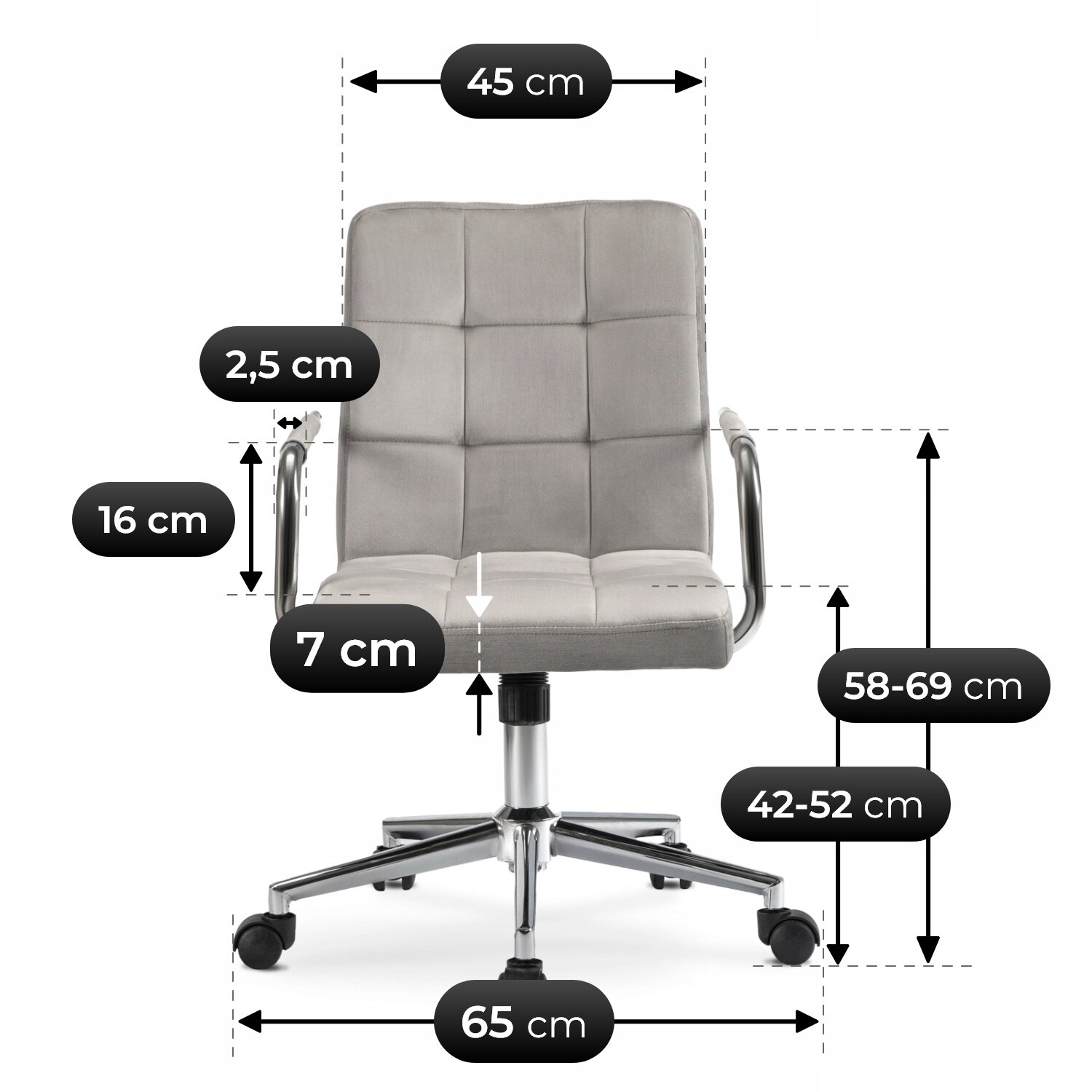 Szare krzesło obrotowe z weluru z metalowymi podłokietnikami i podstawą na kółkach. Widoczne wymiary: szerokość siedziska 45 cm, wysokość oparcia 58-69 cm, wysokość siedziska 42-52 cm, głębokość siedziska 7 cm, wysokość podłokietników 16 cm, średnica podstawy 65 cm.