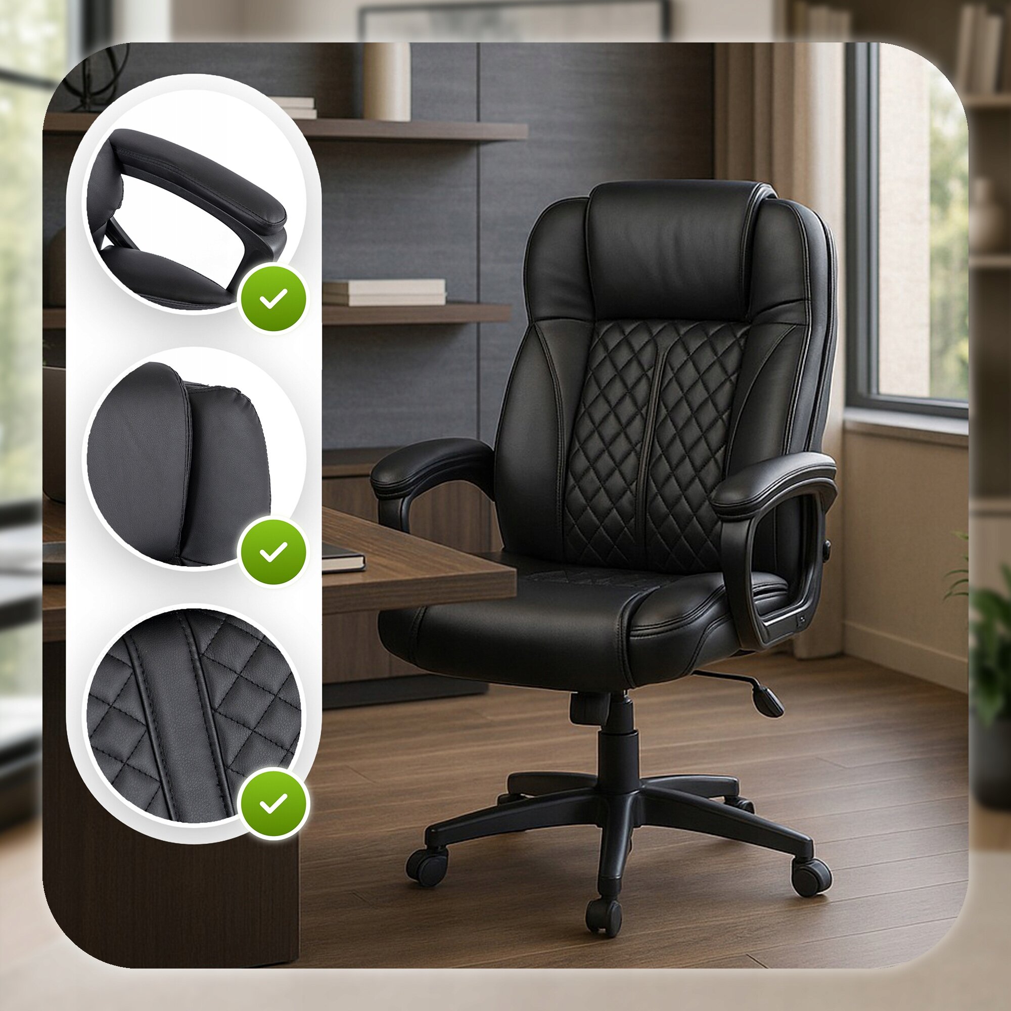 Czarny fotel biurowy obrotowy z ergonomicznym designem, widoczny w eleganckim wnętrzu z drewnianą podłogą i biurkiem. Po lewej stronie znajdują się trzy okrągłe zdjęcia detali fotela z zielonymi znacznikami wyboru.