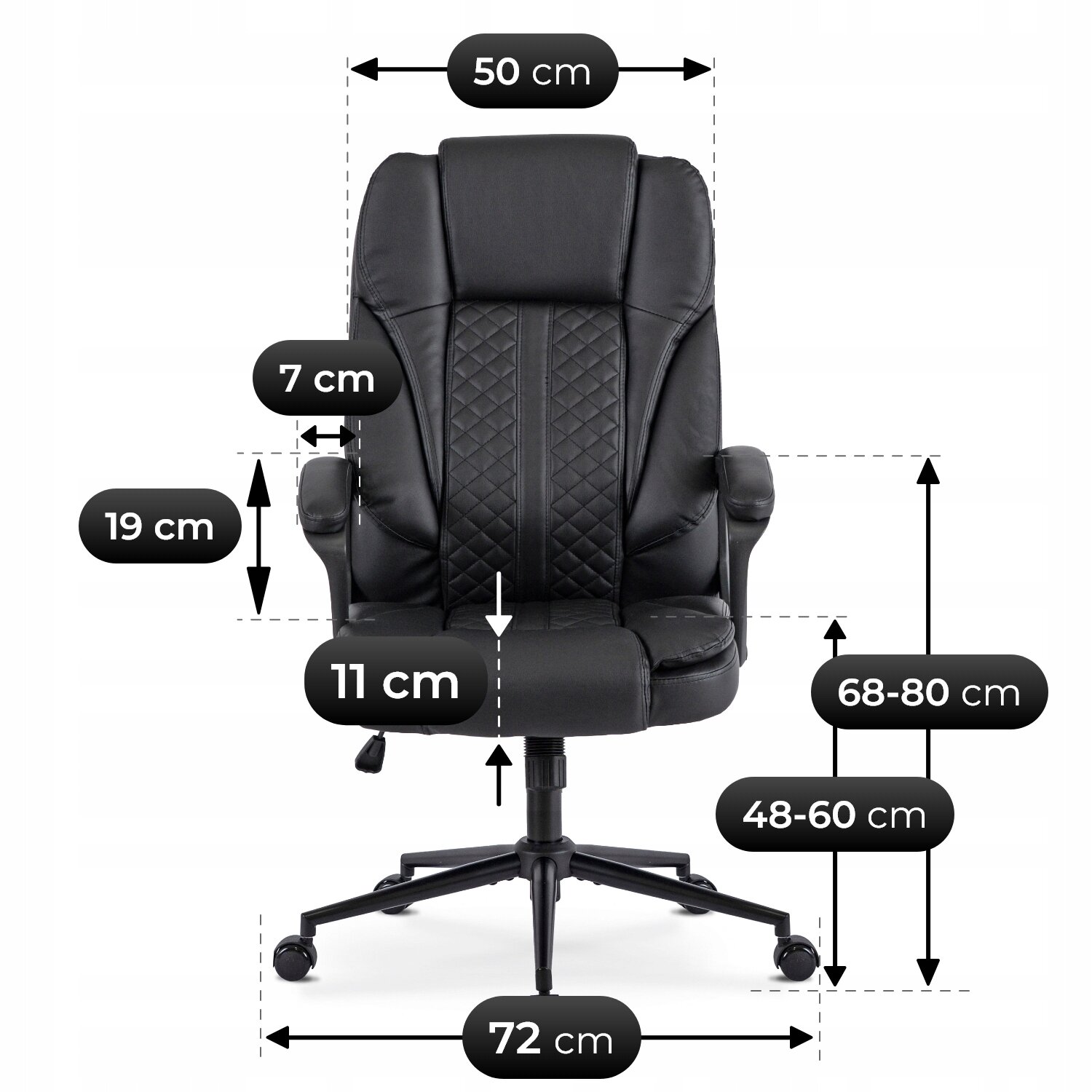 Czarny fotel biurowy obrotowy z ergonomicznym oparciem, posiadający oznaczenia wymiarów: szerokość 50 cm, głębokość siedziska 48-60 cm, wysokość oparcia 68-80 cm, szerokość podstawy 72 cm, wysokość podłokietnika 19 cm, szerokość podłokietnika 7 cm, grubość siedziska 11 cm.