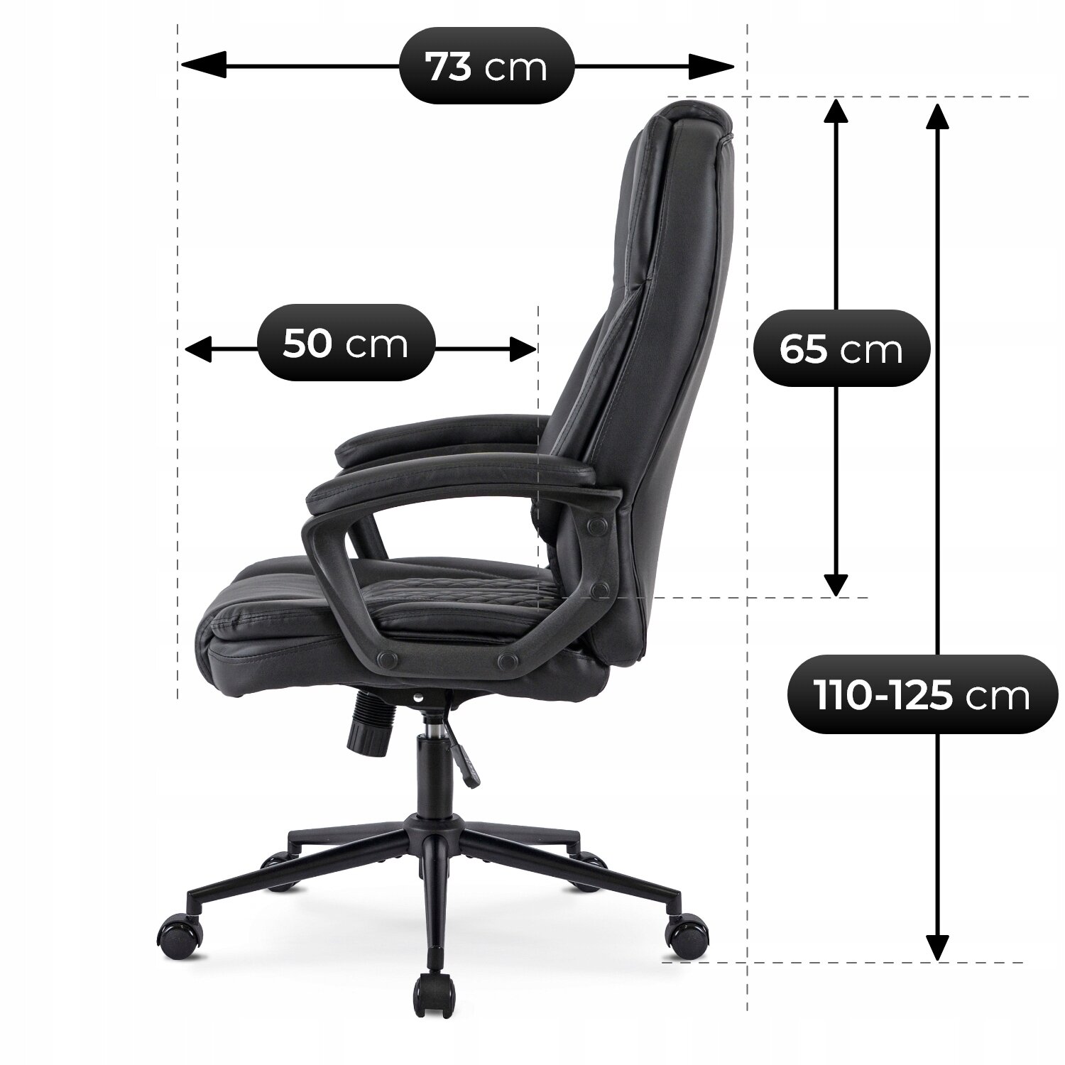 Obraz przedstawia czarny fotel biurowy obrotowy z podłokietnikami, na tle którego widoczne są wymiary: 73 cm, 50 cm, 65 cm oraz 110-125 cm.