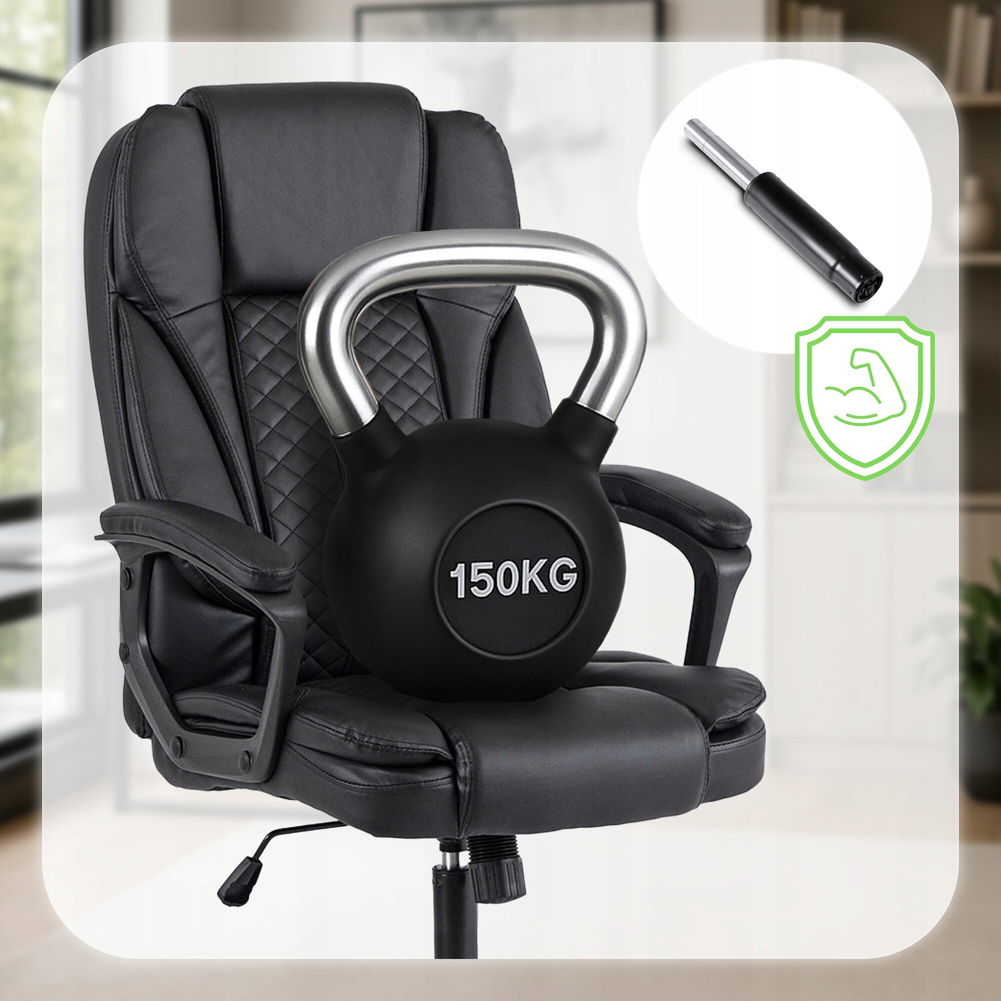 Czarny fotel biurowy obrotowy z ergonomicznym oparciem i podłokietnikami. Na fotelu widoczna jest czarna kula z napisem \'150KG\', a obok znajduje się symbol bicepsa w zielonej tarczy oraz metalowy element.