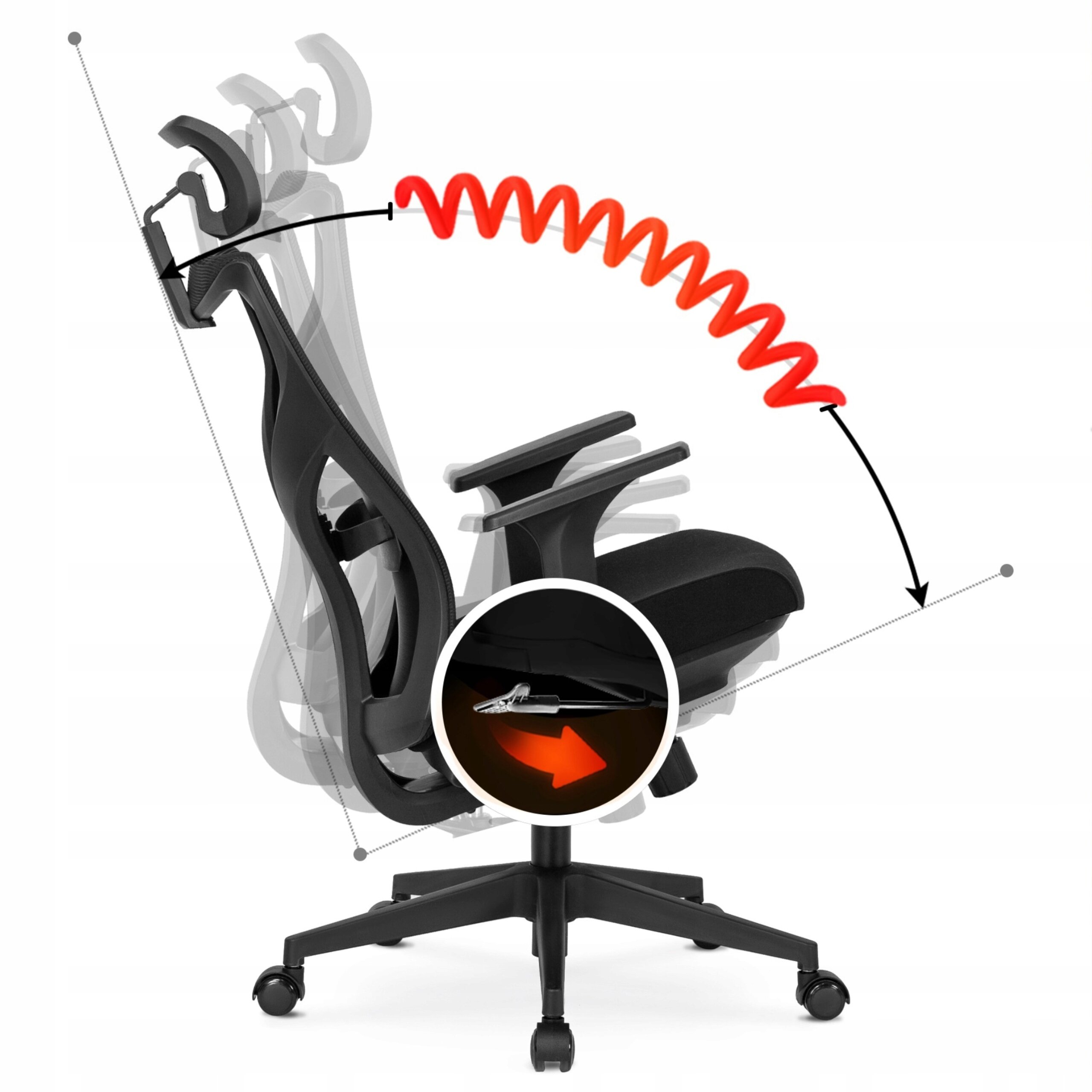 Obraz przedstawia czarny fotel biurowy obrotowy z ergonomicznym oparciem i podłokietnikami. Widoczny jest mechanizm regulacji nachylenia oparcia z czerwonym symbolem spirali oraz strzałką wskazującą kierunek regulacji.